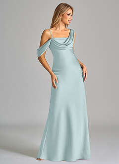Azazie Celina Bridesmaid Dresses Mist Sheath Off the Shoulder Stretch Satin Dress image5