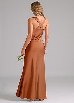 Azazie Kamila Bridesmaid Dresses Copper A-Line Pleated Stretch Satin Dress image2