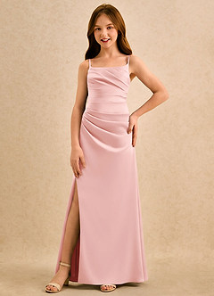 Azazie Cannoli Girls Formal Robe Demoiselle D'honneur Fillette Robe Trapèze en Satin extensible Plissée Rose Poudré image3