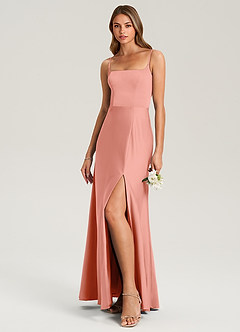 Azazie Lidia Robes de demoiselle d'honneur Robe Sirène en Satin extensible Fente Latérale Corail image3