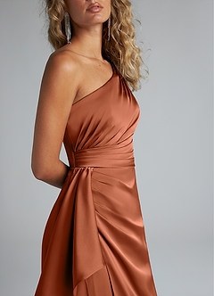 Azazie Maive Bridesmaid Dresses Cedar Rose Sheath Ruched Stretch Satin Dress image5