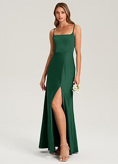 Azazie Lidia Bridesmaid Dresses Dark Green Mermaid Side Slit Stretch Satin Dress image3