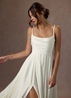 Azazie Caymus Wedding Dresses Cream A-Line Scoop Pleated Crepe Back Satin Dress image6