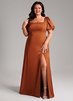 Azazie Fyona Bridesmaid Dresses Cinnamon A-Line Pleated Stretch Satin Dress image8