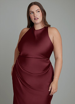 Azazie Evadne Bridesmaid Dresses Cabernet Sheath Pleated Stretch Satin Dress image3