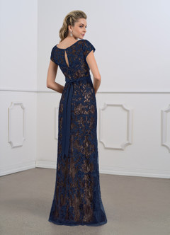 Azazie Dorit Mother of the Bride Dresses Dark Navy Champagne Sheath Scoop Lace Dress image5