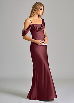 Azazie Celina Bridesmaid Dresses Merlot Sheath Off the Shoulder Stretch Satin Dress image6
