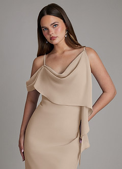 Azazie Yura Bridesmaid Dresses Taupe Mermaid Off the Shoulder Chiffon Dress image2
