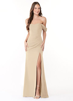 Azazie Lynnie Bridesmaid Dresses Champagne Mermaid Off the Shoulder Chiffon Convertible Dress image1