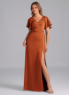 Azazie Ambrosia Bridesmaid Dresses Cinnamon A-Line Pleated Stretch Satin Dress image1