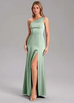Azazie Feby Bridesmaid Dresses Agave A-Line One Shoulder Stretch Satin Dress image6