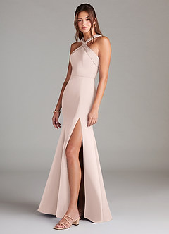 Azazie Rue Bridesmaid Dresses Blushing Pink A-Line Pleated Stretch Satin Dress image5