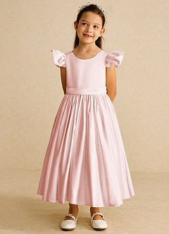 Azazie Violeta Flower Girl Dresses Blushing Pink Ball-Gown Bow Matte Satin Dress image6