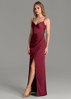 Azazie Emersyn Bridesmaid Dresses Burgundy Sheath Pleated Stretch Satin Dress image3