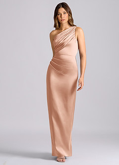 Azazie Akilah Vestidos de damas de honor Vestido Oro Rosa de Satén Elástico de Corte Sirena con Un hombro image4
