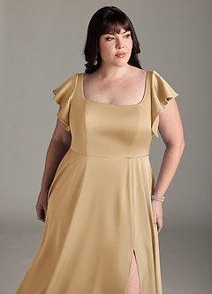 Azazie Bondi Bridesmaid Dresses Gold A-Line Bow Stretch Satin Dress image11