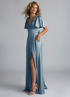 Azazie Kimber Robes de demoiselle d'honneur Robe Trapèze en Satin extensible Rayé Bleu Poussiéreux image12