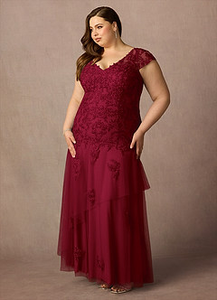 Azazie Romy Mother of the Bride Dresses Burgundy Mermaid V-Neck Sequins Tulle Dress image9