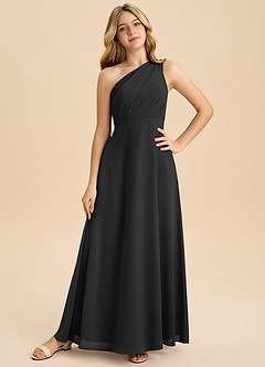 Azazie Phaedra Junior Jurk van Chiffon met A-Lijn Geplooid Zwart image3