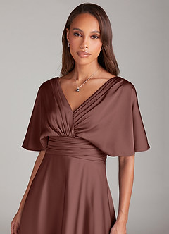 Azazie Pamela Bridesmaid Dresses Espresso A-Line Pleated Stretch Satin Dress image5