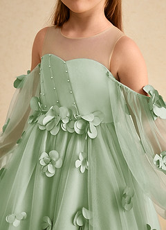 Azazie Karrie Flower Girl Dresses Dusty Sage A-Line with Sleeves Tulle Dress image7