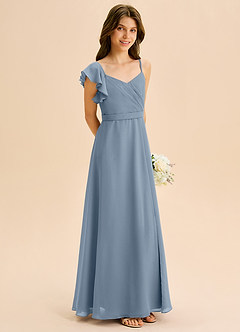 Azazie Kelsea Junior Vestido de Azul Polvoriento de Gasa de Corte en A con Volante image5