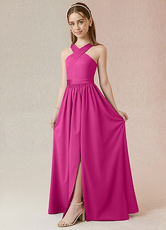 Azazie Jiya Junior A-Linie Plissee Stretch-Satin Kleid Fuchsia image1