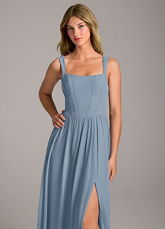 Azazie Rosaline Bridesmaid Dresses Dusty Blue A-Line Side Slit Chiffon Dress image2