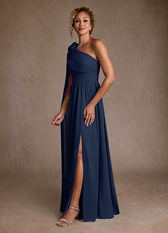 Azazie Lancaster vestidos de madre de la novia Vestido de Azul Marino Oscuro de Gasa de Corte en A con Hombro unilateral image5