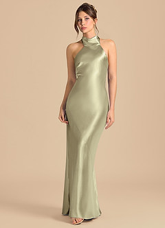 Azazie Velli Brudtärnklänningar Klä av Tubklänning i Metallisk satin Hög hals Mossgrön image4