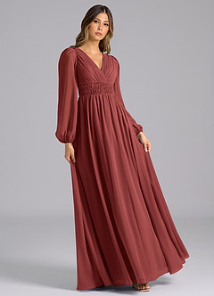 Azazie Palerma Robes de demoiselle d'honneur Robe Trapèze en Mousseline de soie Manches longues Terracotta image4