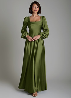 Azazie Solana Bridesmaid Dresses Olive A-Line Long Sleeve Stretch Satin Dress image1