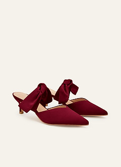 front Matching Color Stretch Satin Bow Pointed Toe Kitten Heel Mules