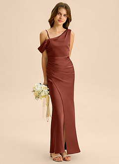 Azazie Madelyn Junior Osłona Zza ramienia Satyna elastyczna Długość podłogi Młodsza druhna Sukienka image4