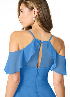 Azazie Dakota Vestidos de damas de honor Vestido de Azul Grisaceo de Gasa de Corte en A con Cuello en V plisado image4