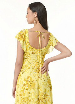 Azazie Bondi Vestidos de madrinha de casamento Vestido Sorvete De Limão Floresce Floral de Chiffon de Linha A com Franzido image3