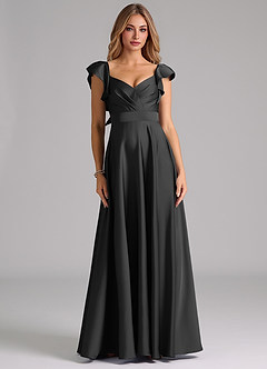 Azazie Leilani Bridesmaid Dresses Black A-Line Ruched Stretch Satin Dress image3