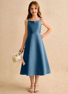 Azazie Jaella Girls Formal Blomsterpigekjoler A-Line Plisseret Mat satin Te-længde Kjole image5