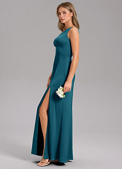 Azazie Feby Bridesmaid Dresses Ink Blue A-Line One Shoulder Stretch Satin Dress image5
