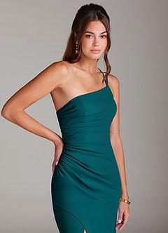 Azazie Eren Jurken voor bruidsmeisjes Jurk van Stretch crêpe met Kolom One-Shoulder Pauw image6