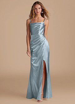 Azazie Marzia Bridesmaid Dresses Dusty Blue Mermaid Pleated Metallic Satin Dress image4