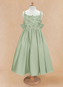 Azazie Midge Blumenmädchenkleider A-Linie Schleifen Matte Satin Kleid Staubiger Salbeigrün image5