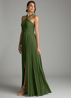 Azazie Afra Abiti da Damigella Abito A-Line in Chiffon Plissettato Oliva image4