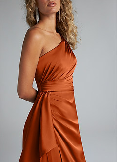 Azazie Maive Bridesmaid Dresses Burnt Orange Sheath Ruched Stretch Satin Dress image5