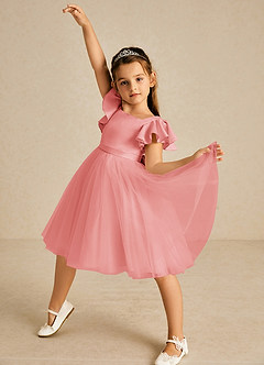Azazie Kaeya Flower Girl Dresses Coral A-Line Bow Tulle Dress image2