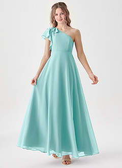Azazie Arabella Junior Abito A-Line in Chiffon Increspato Acqua image1