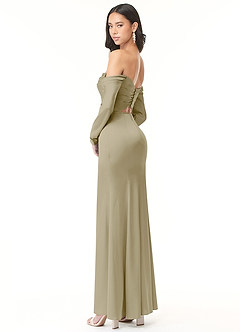 Azazie Hallie Vestidos de damas de honor Vestido de Musgo Verde de Satén Elástico de Corte Recto Convertible con Manga larga con hombros descubiertos image5