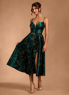 Azazie Sweetheart V Neck A-Line Midi Dresses in Deep Green