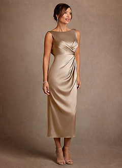 Azazie Mazhe Mother of the Bride Dresses Taupe A-Line Pleated Stretch Satin Dress image4