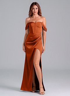 Azazie Asha Vestidos de damas de honor Vestido de Naranja Quemada de Satén Elástico de Corte Recto Convertible con Vestidos sin tirantes image1
